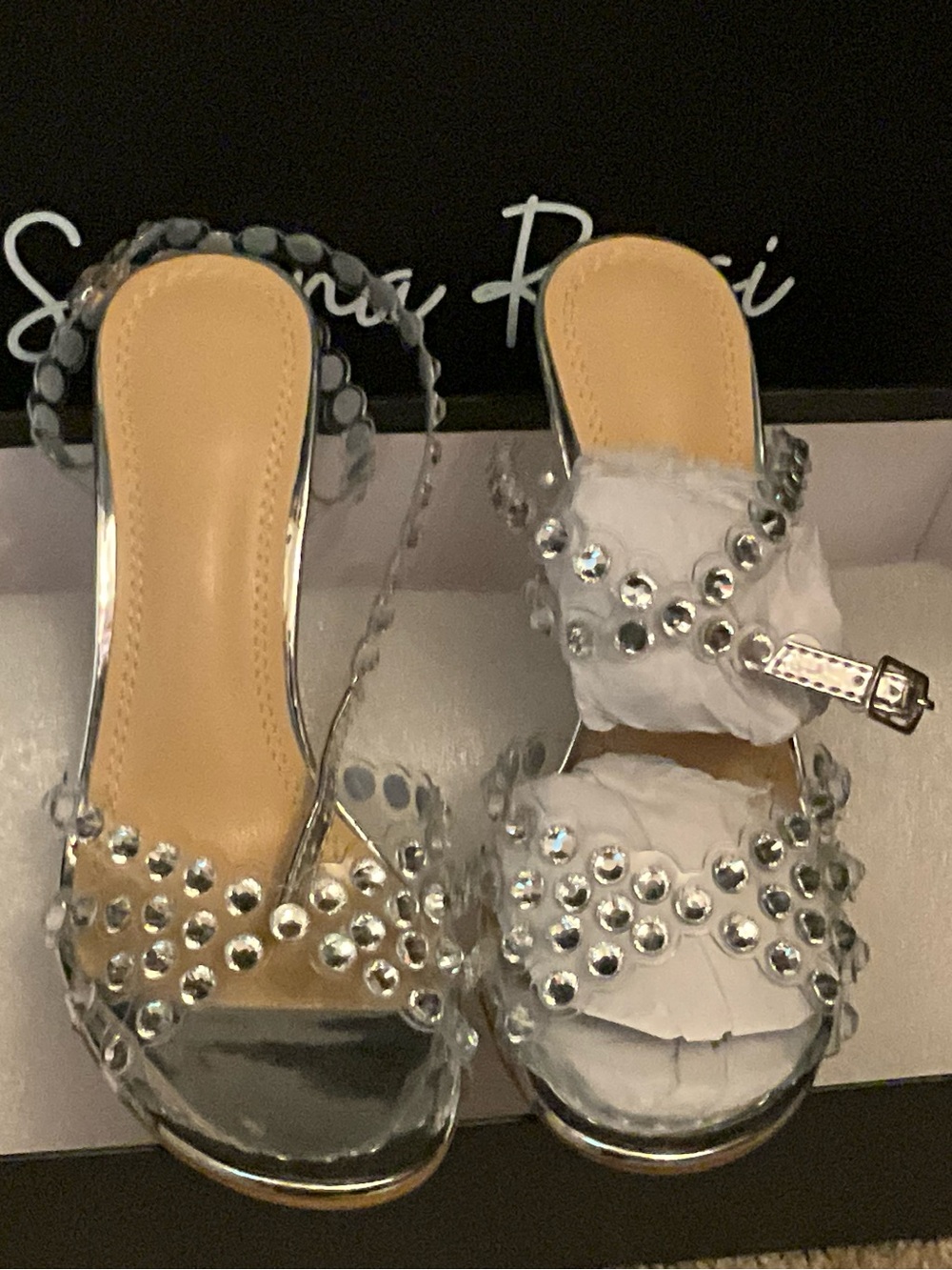 Crystal-Stud Clear Slide Heels in White and Silver